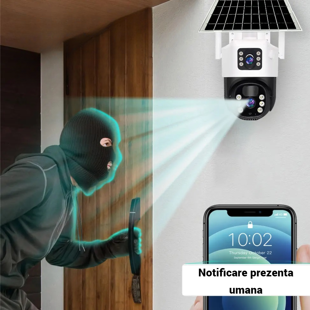 SET 4X Camere de Supraveghere Duale, Slot Cartela 4G, 4K HD Rezolutie 6MP, Panou Solar, Detectare umana PIR, 4x Carduri 32GB incluse