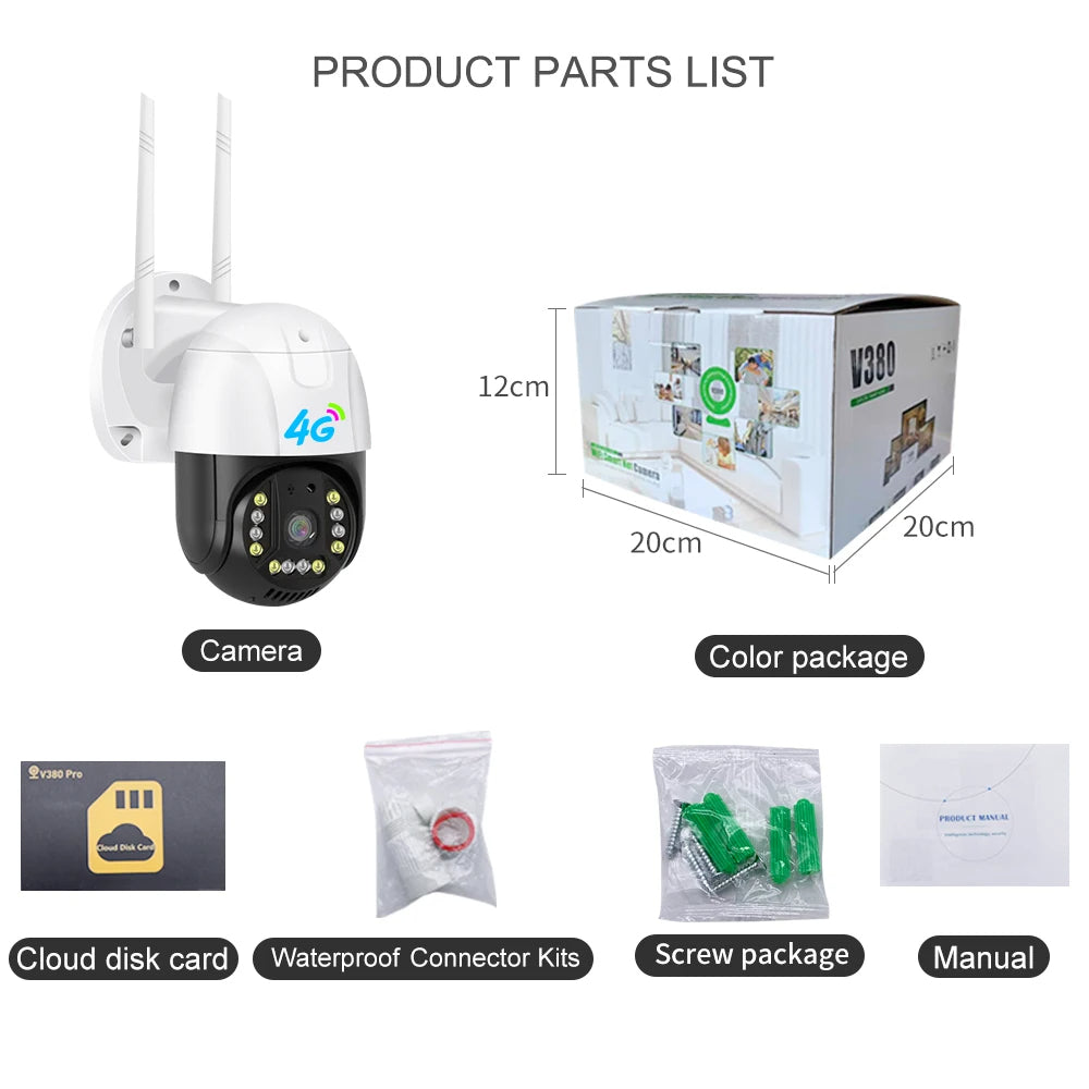 Set 4 Camere 4G/LAN Dasgut - 3.0MP, Suport ONVIF, Panoramare si Inclinare, 4 Carduri 64GB incluse