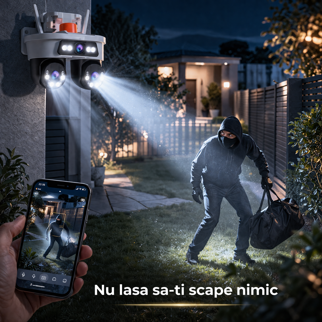 Cameră Supraveghere WiFi 9MP Jortan, 3 Lentile, Acoperire 360°, Vedere Noapte Color, Control din Telefon | Livrare Gratuită
