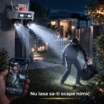 Cameră Supraveghere WiFi 9MP Jortan, 3 Lentile, Acoperire 360°, Vedere Noapte Color, Control din Telefon | Livrare Gratuită