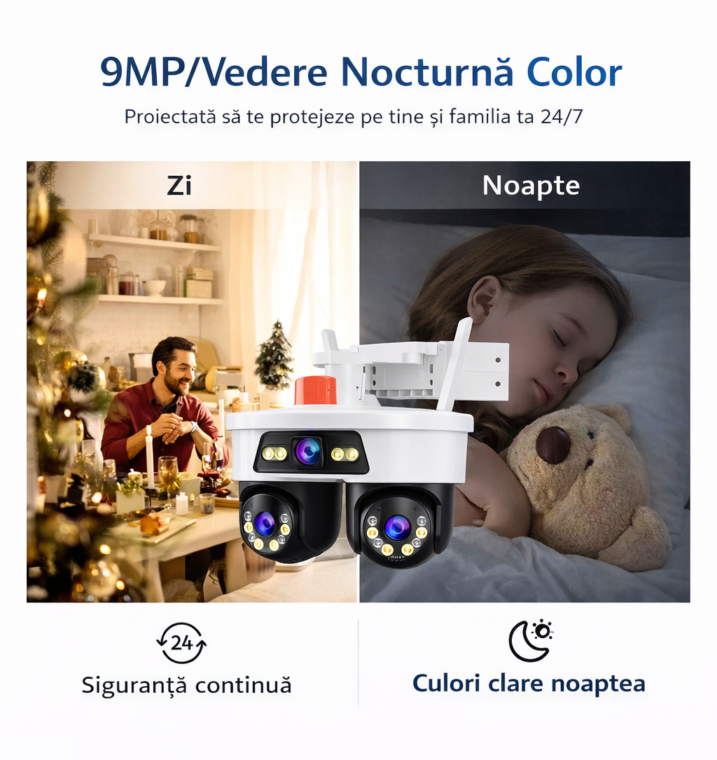 Cameră Supraveghere WiFi 9MP Jortan, 3 Lentile, Acoperire 360°, Vedere Noapte Color, Control din Telefon | Livrare Gratuită