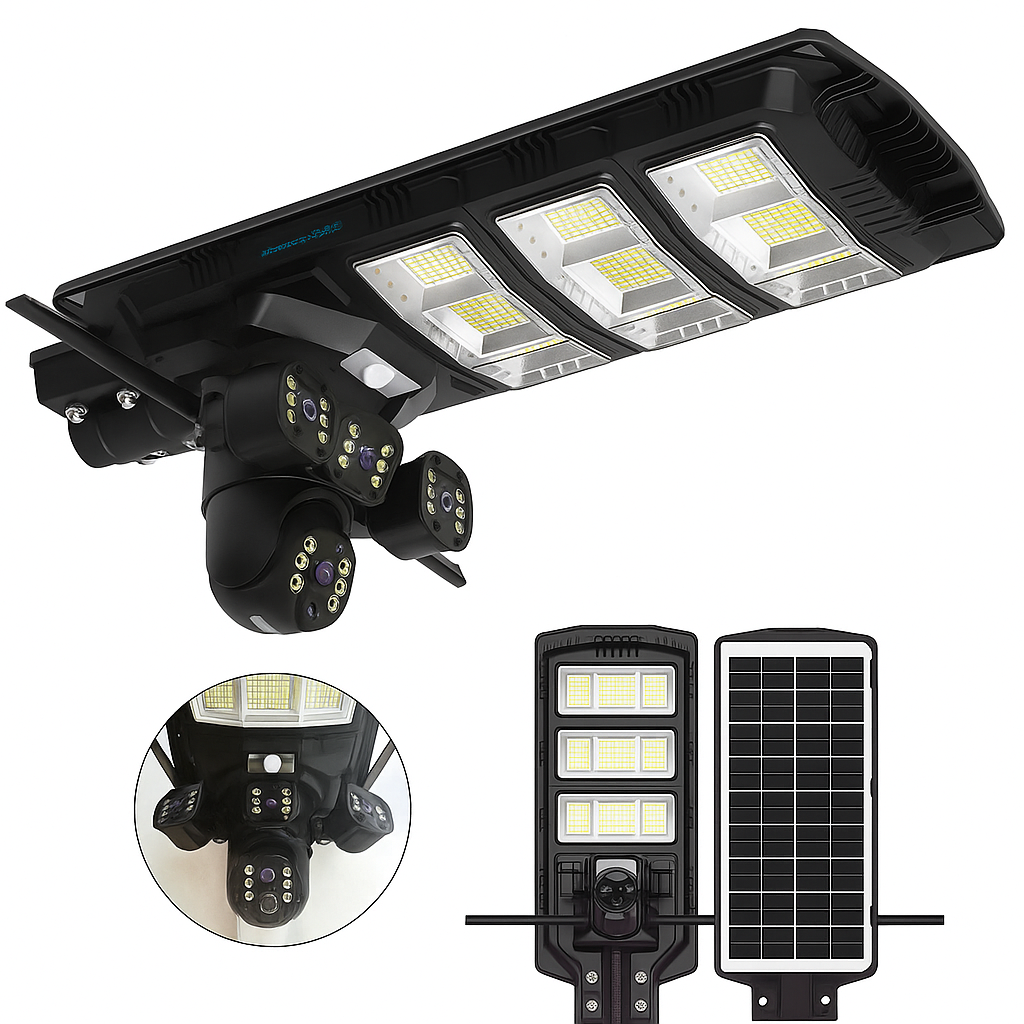 Lampa Solara Stradala 450W, cu 3 Camere V380Pro, 12MP, Slot SIM 4G, Card 64GB Inclus