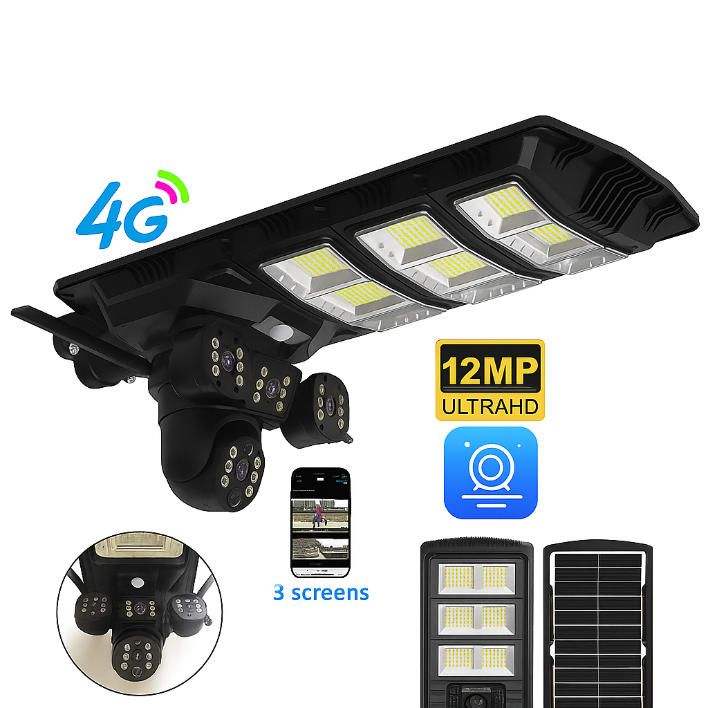 Lampa Solara Stradala 450W, cu 3 Camere V380Pro, 12MP, Slot SIM 4G, Card 64GB Inclus