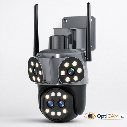 Cameră WiFi 12MP JORTAN, Quad Lens, Rotire 355°, Urmărire Automată, Alarmă cu Lumini, Vedere Nocturnă Color, IP66 | Livrare Gratuită