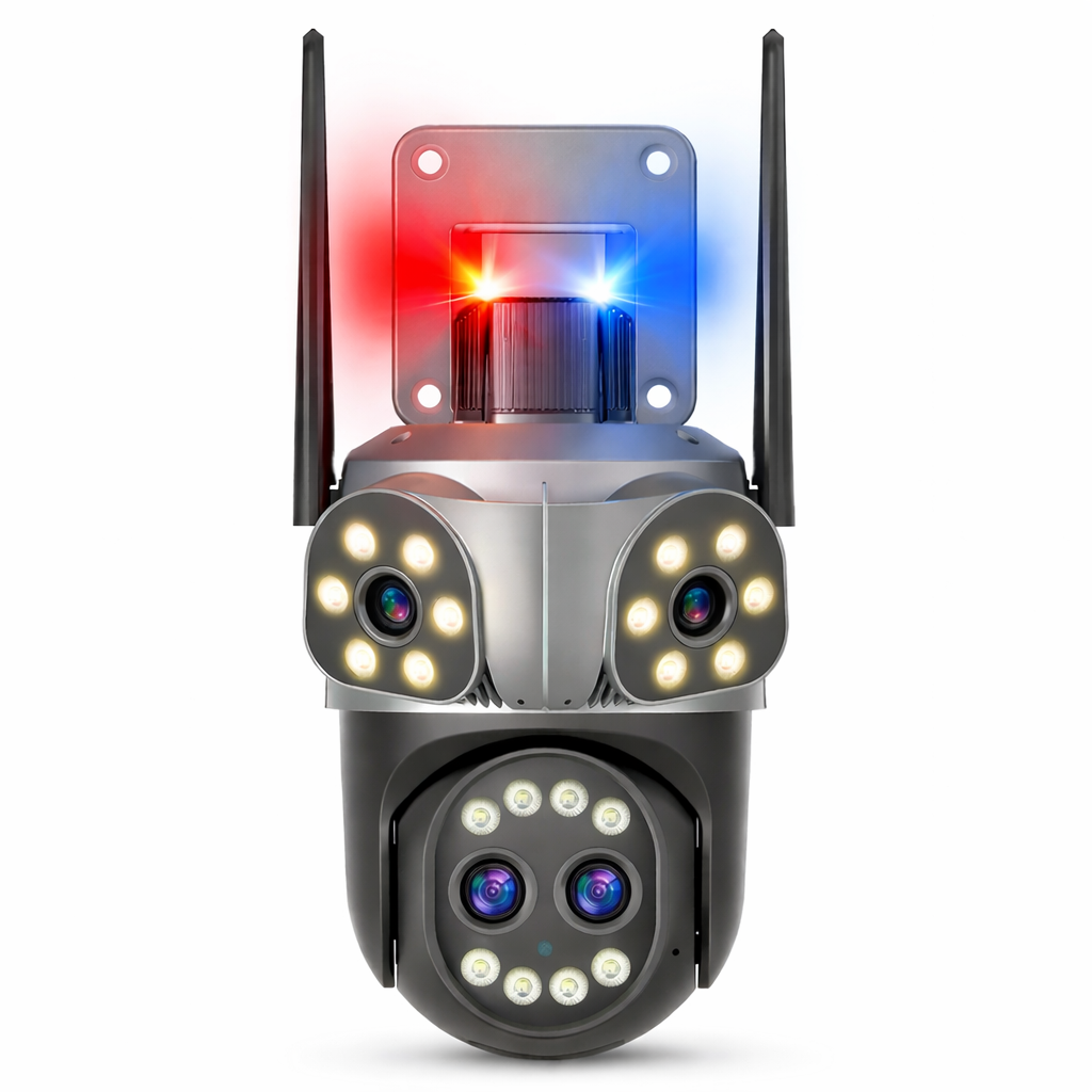 Cameră WiFi 12MP JORTAN, Quad Lens, Rotire 355°, Urmărire Automată, Alarmă cu Lumini, Vedere Nocturnă Color, IP66 | Livrare Gratuită