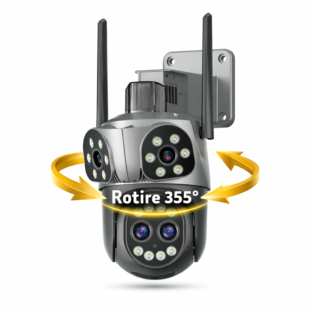 Cameră WiFi 12MP JORTAN, Quad Lens, Rotire 355°, Urmărire Automată, Alarmă cu Lumini, Vedere Nocturnă Color, IP66 | Livrare Gratuită