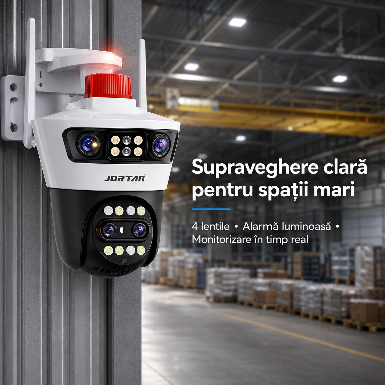 Cameră WiFi Jortan 12MP cu 4 Lentile, Rotire 360°, Alerte pe Telefon, JT-4L | Livrare Gratuită
