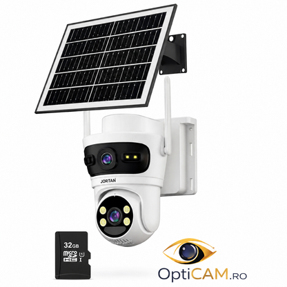 Cameră Solară Dublă 8MP Jortan, Conexiune 4G SIM, Alertă pe Telefon, JT-9682 | Livrare Gratuită + Card 32GB CADOU