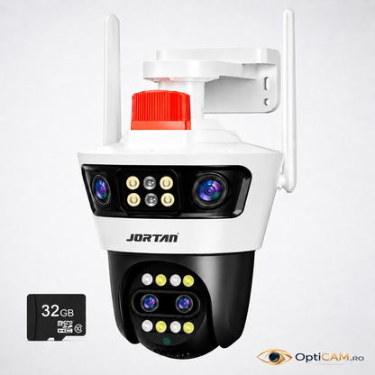 Cameră WiFi Jortan 12MP cu 4 Lentile, Rotire 360°, Alerte pe Telefon, JT-4L | Livrare Gratuită + Card 32GB CADOU