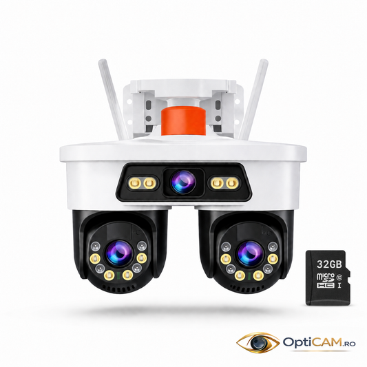 Cameră Supraveghere WiFi 9MP Jortan, 3 Lentile, Acoperire 360°, Vedere Noapte Color, Control din Telefon | Livrare Gratuită + Card 32GB CADOU