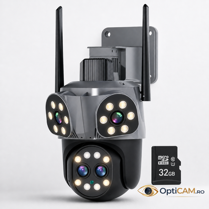 Cameră Wi-Fi 12MP JORTAN Quad, Rotire 355°, Urmărire Automată, Alarmă cu Lumini, Vedere Nocturnă Color, IP66 | Livrare Gratuită + Card 32GB CADOU