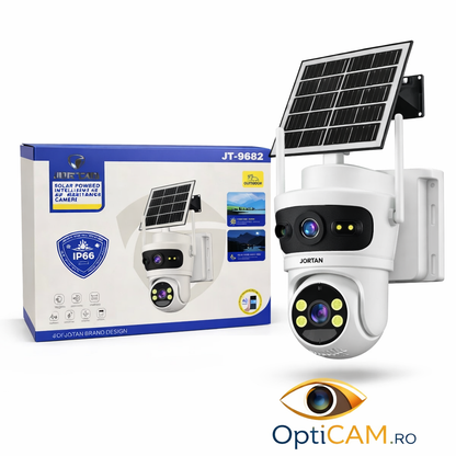 Cameră Solară Dublă 8MP Jortan, Conexiune 4G SIM, Alertă pe Telefon, JT-9682 | Livrare Gratuită
