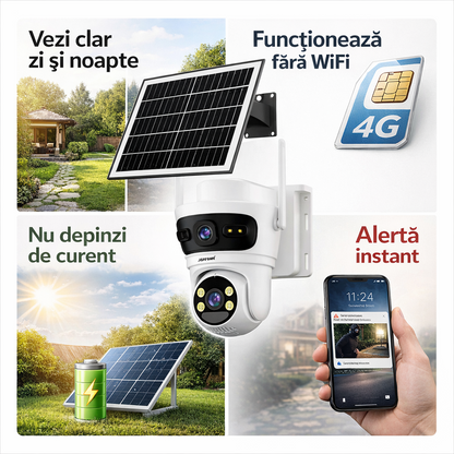 Cameră Solară Dublă 8MP Jortan, Conexiune 4G SIM, Alertă pe Telefon, JT-9682 | Livrare Gratuită