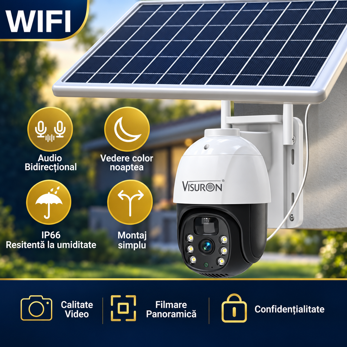 Cameră Solară WiFi VISURON 5MP, Rotire 355°, Vedere Nocturnă Color, IP66 | Livrare Gratuită + Card 32GB CADOU