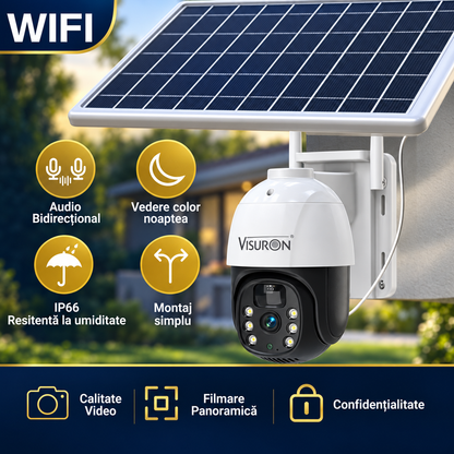 Cameră Solară WiFi VISURON 5MP, Rotire 355°, Vedere Nocturnă Color, IP66 | Livrare Gratuită + Card 32GB CADOU