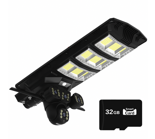 Lampa Stradala 450W cu Camera Tripla - V380Pro 12MP, Panou Solar, Slot SIM 4G, Card 32GB Inclus