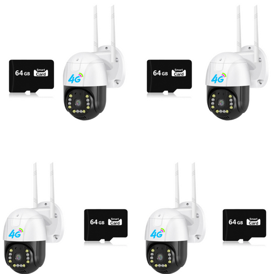 Set 4 Camere 4G/LAN Dasgut - 3.0MP, Suport ONVIF, Panoramare si Inclinare, 4 Carduri 64GB incluse