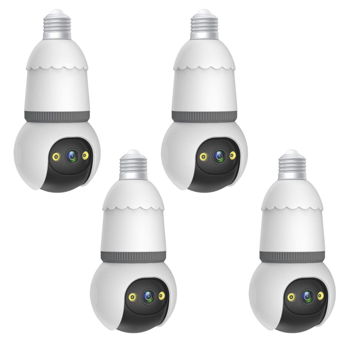 SET 4X Camere Smart Tip Bec V380Pro, 3MP Vizibilitate Nocturna 25m, Detectie AI, Sirena + Microfon