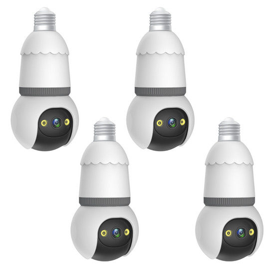 SET 4X Camere Smart Tip Bec V380Pro, 3MP Vizibilitate Nocturna 25m, Detectie AI, Sirena + Microfon