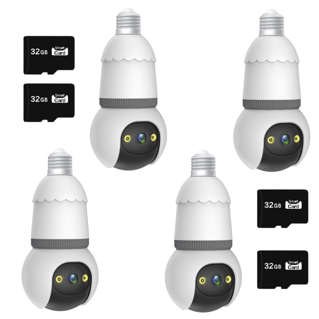 Set 4x Camere Smart Tip Bec V380Pro, 3MP Vizibilitate Nocturna 25m, Detectie AI, Sirena + Microfon, 4x Carduri 32GB Incluse