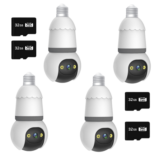 Set 4x Camere Smart Tip Bec V380Pro, 3MP Vizibilitate Nocturna 25m, Detectie AI, Sirena + Microfon, 4x Carduri 32GB Incluse