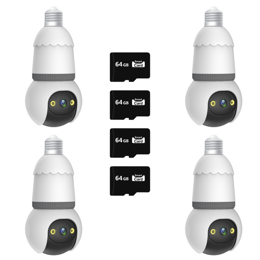 Set 4X Camere Smart Tip Bec V380Pro, 3MP Detectie AI, Vizibilitate Nocturna 25m, Sirena + Microfon, 4x Carduri 64GB Incluse