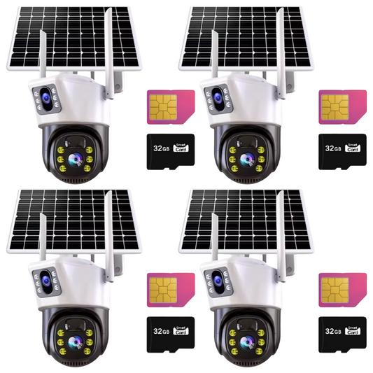 SET 4X Camere de Supraveghere Duale, Slot Cartela 4G, 4K HD Rezolutie 6MP, Panou Solar, Detectare umana PIR, 4x Carduri 32GB incluse