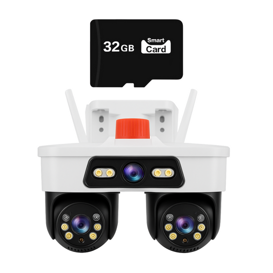 Camera Supraveghere WiFi/LAN Jortan, 3 Lentile, 9MP, Cap Dublu PTZ 355°, Night Vision, IP66 + Card 32GB