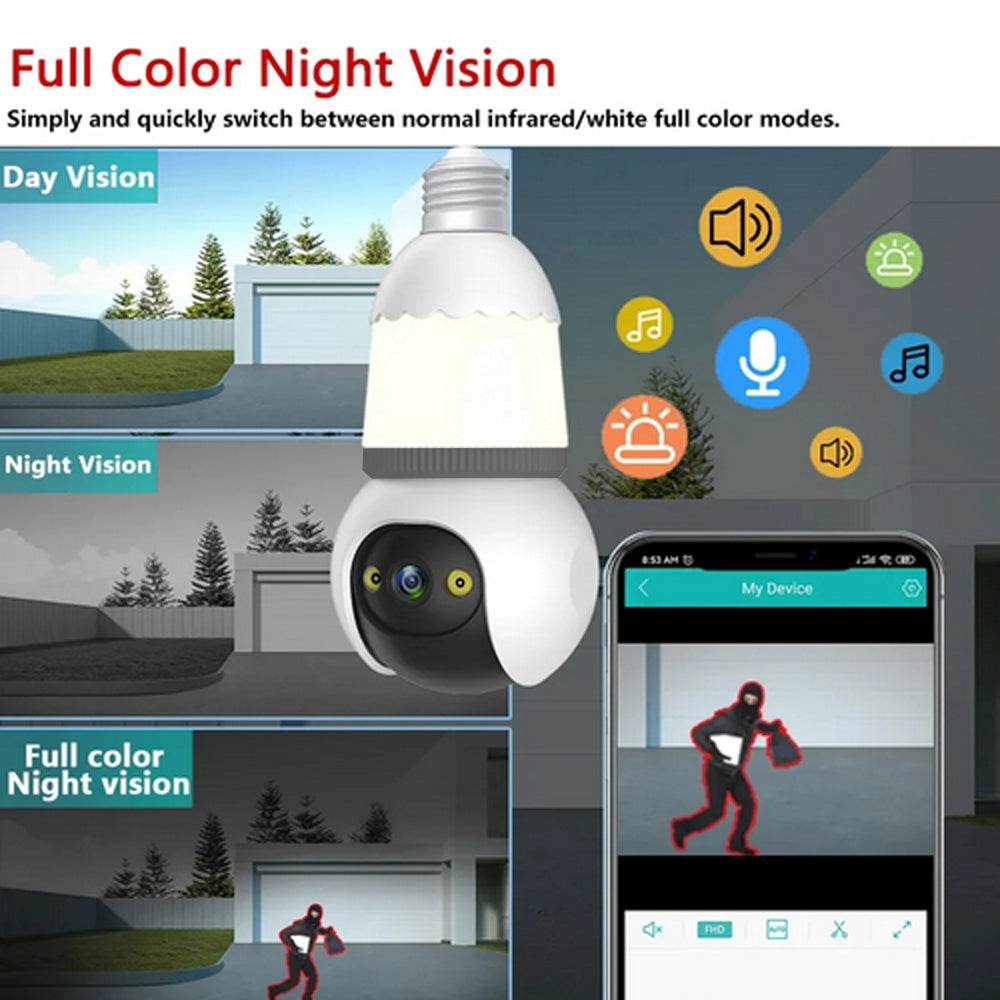 SET 4X Camere Smart Tip Bec V380Pro, 3MP Vizibilitate Nocturna 25m, Detectie AI, Sirena + Microfon