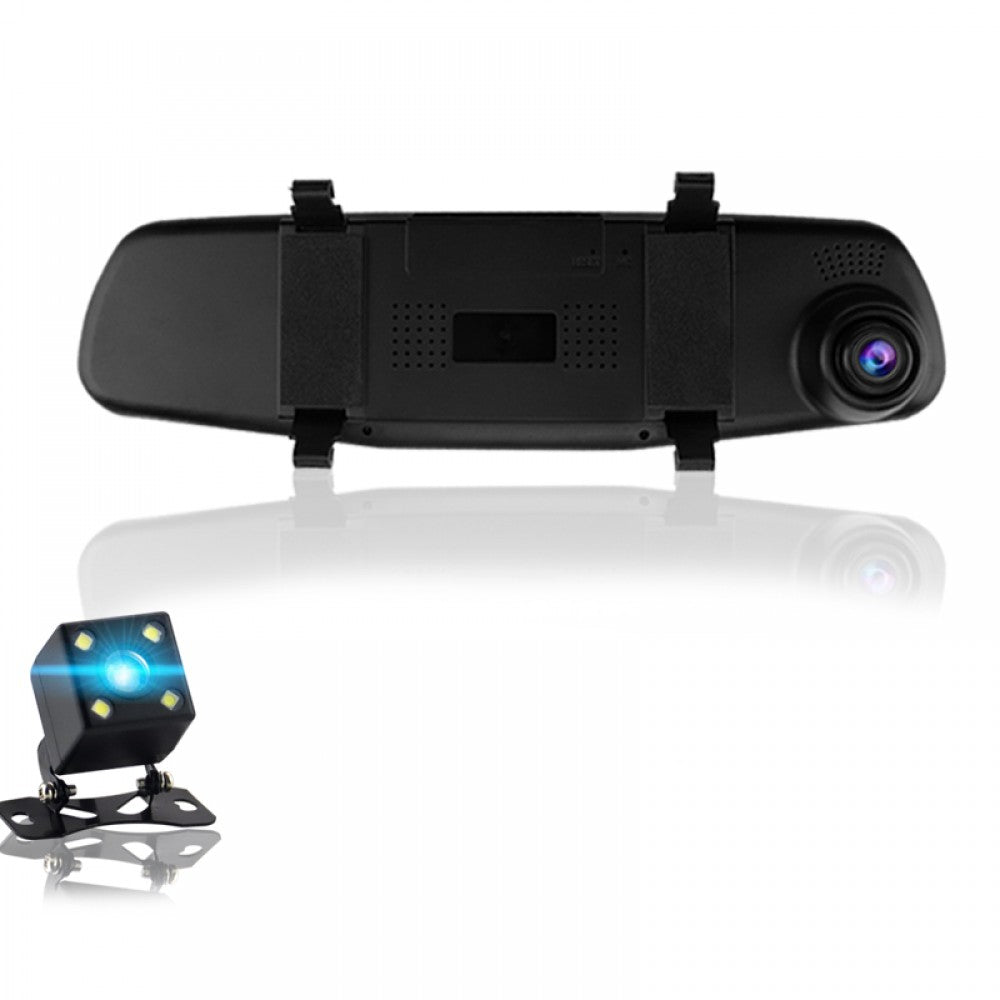 Camera auto, martor trafic, in oglinda retrovizoare fata si marsarier, negru, 3.4" 