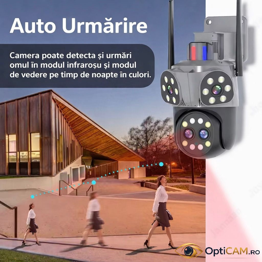 Cameră WiFi 12MP JORTAN, Quad Lens, Rotire 355°, Urmărire Automată, Alarmă cu Lumini, Vedere Nocturnă Color, IP66 | Livrare Gratuită