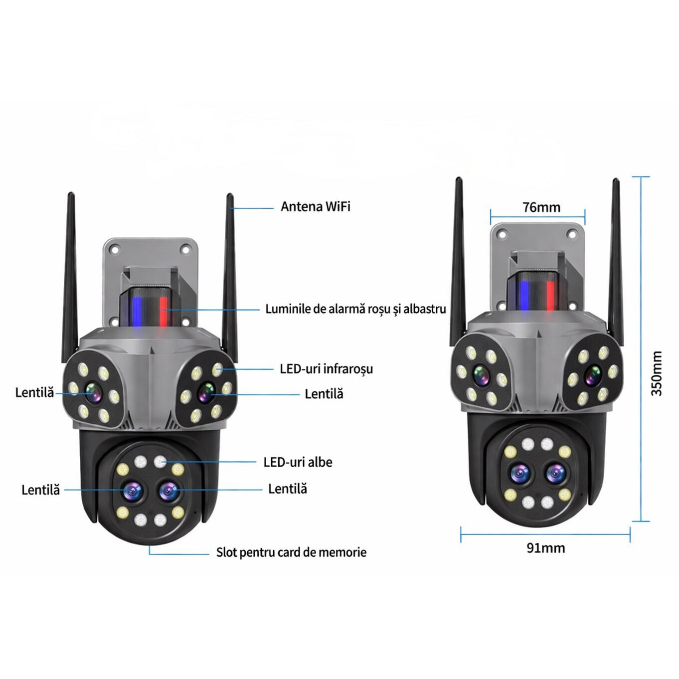 Cameră WiFi 12MP JORTAN, Quad Lens, Rotire 355°, Urmărire Automată, Alarmă cu Lumini, Vedere Nocturnă Color, IP66 | Livrare Gratuită