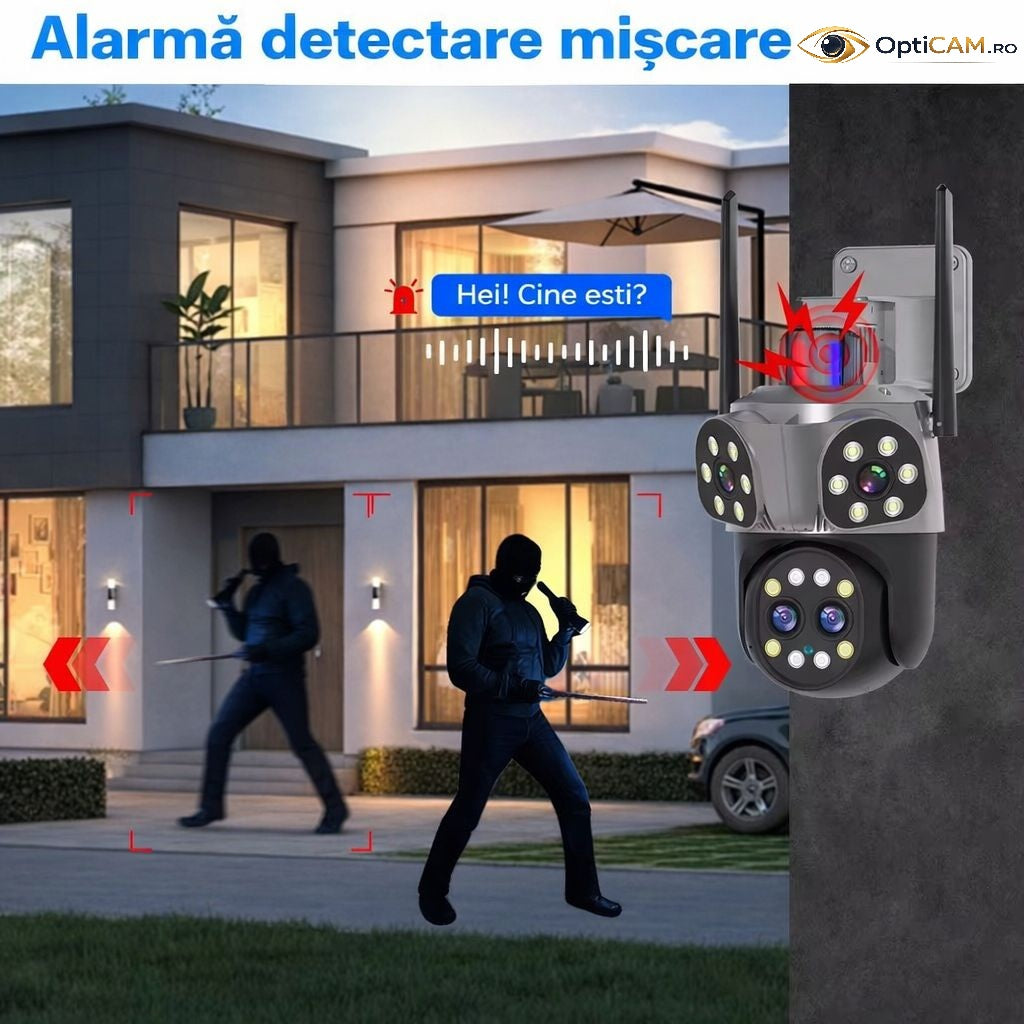 Cameră WiFi 12MP JORTAN, Quad Lens, Rotire 355°, Urmărire Automată, Alarmă cu Lumini, Vedere Nocturnă Color, IP66 | Livrare Gratuită