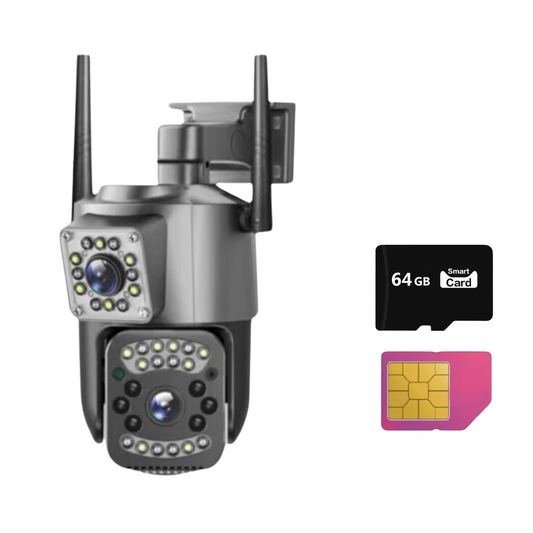 Camera de Supraveghere Duble 4G/Cablu,  Zoom 10X, IP66, Night Vision, Card 64GB Inclus, PTZ 360°, 1080P 4+4MP,